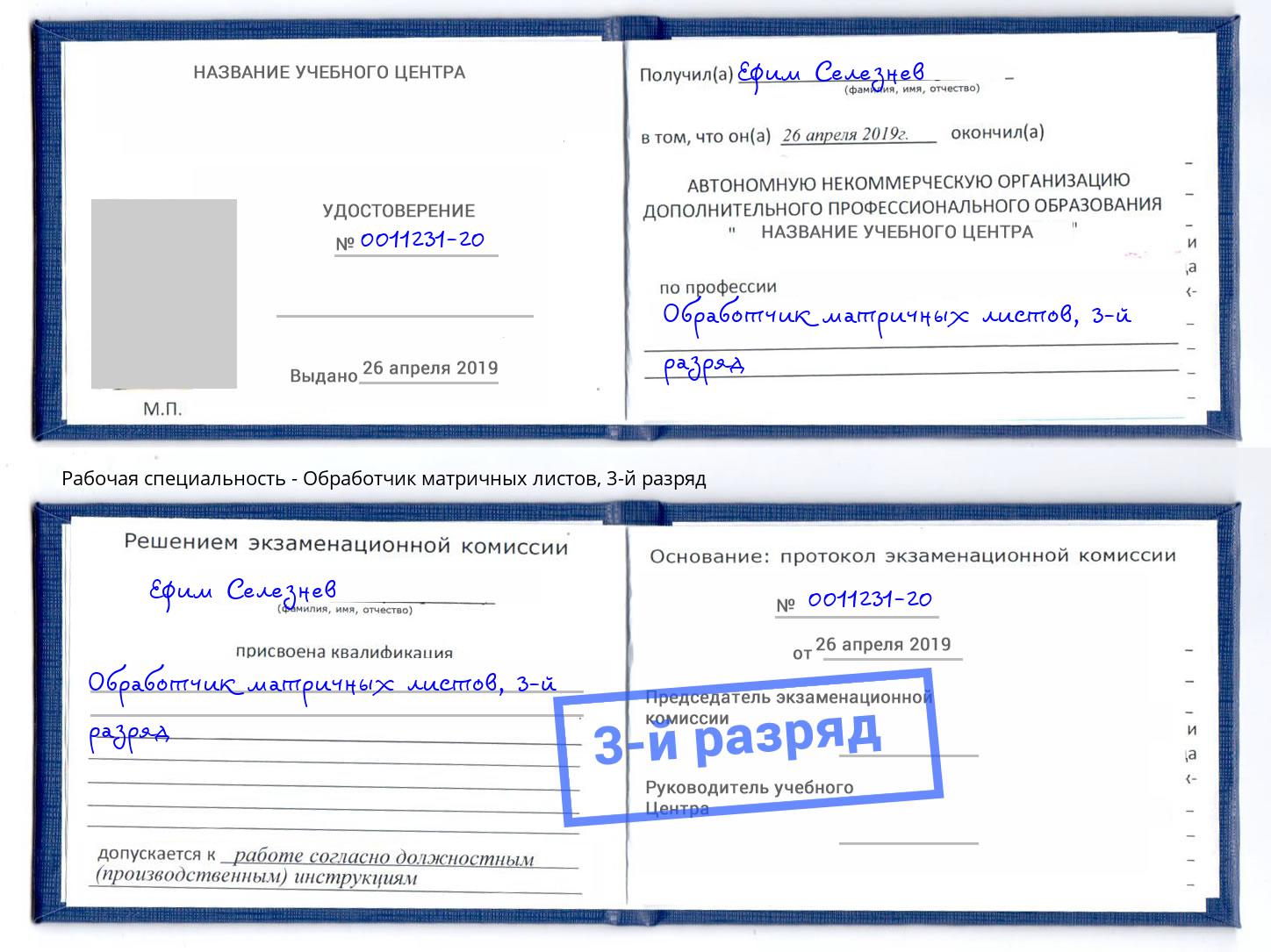 корочка 3-й разряд Обработчик матричных листов Вязьма