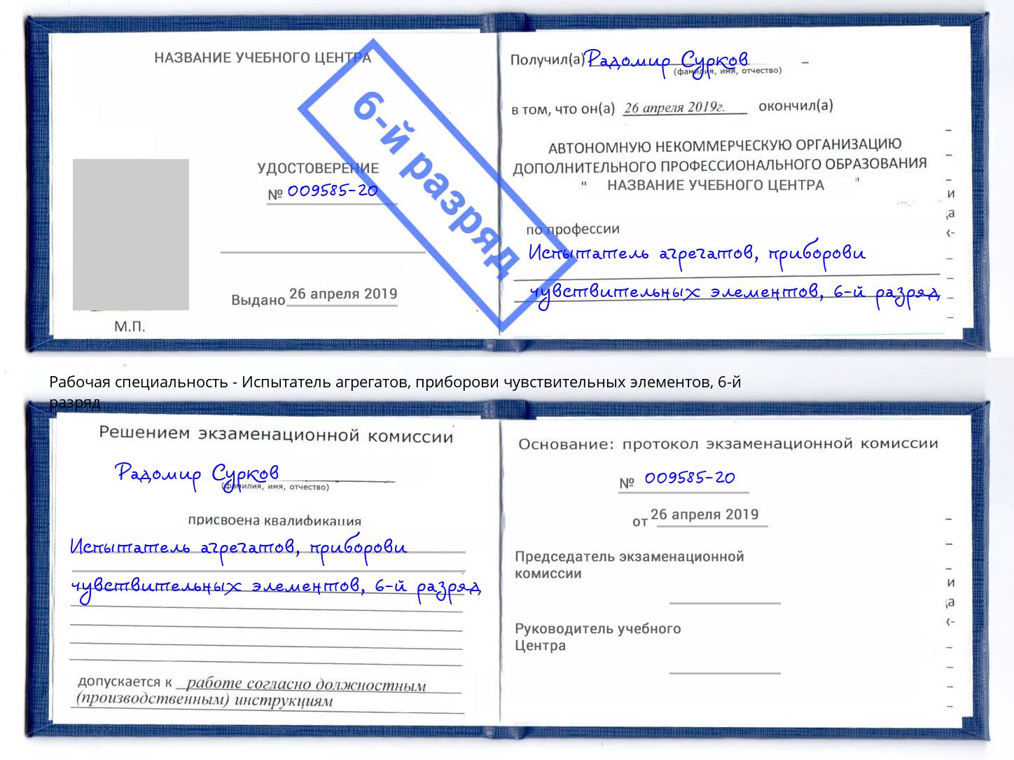 корочка 6-й разряд Испытатель агрегатов, приборови чувствительных элементов Вязьма