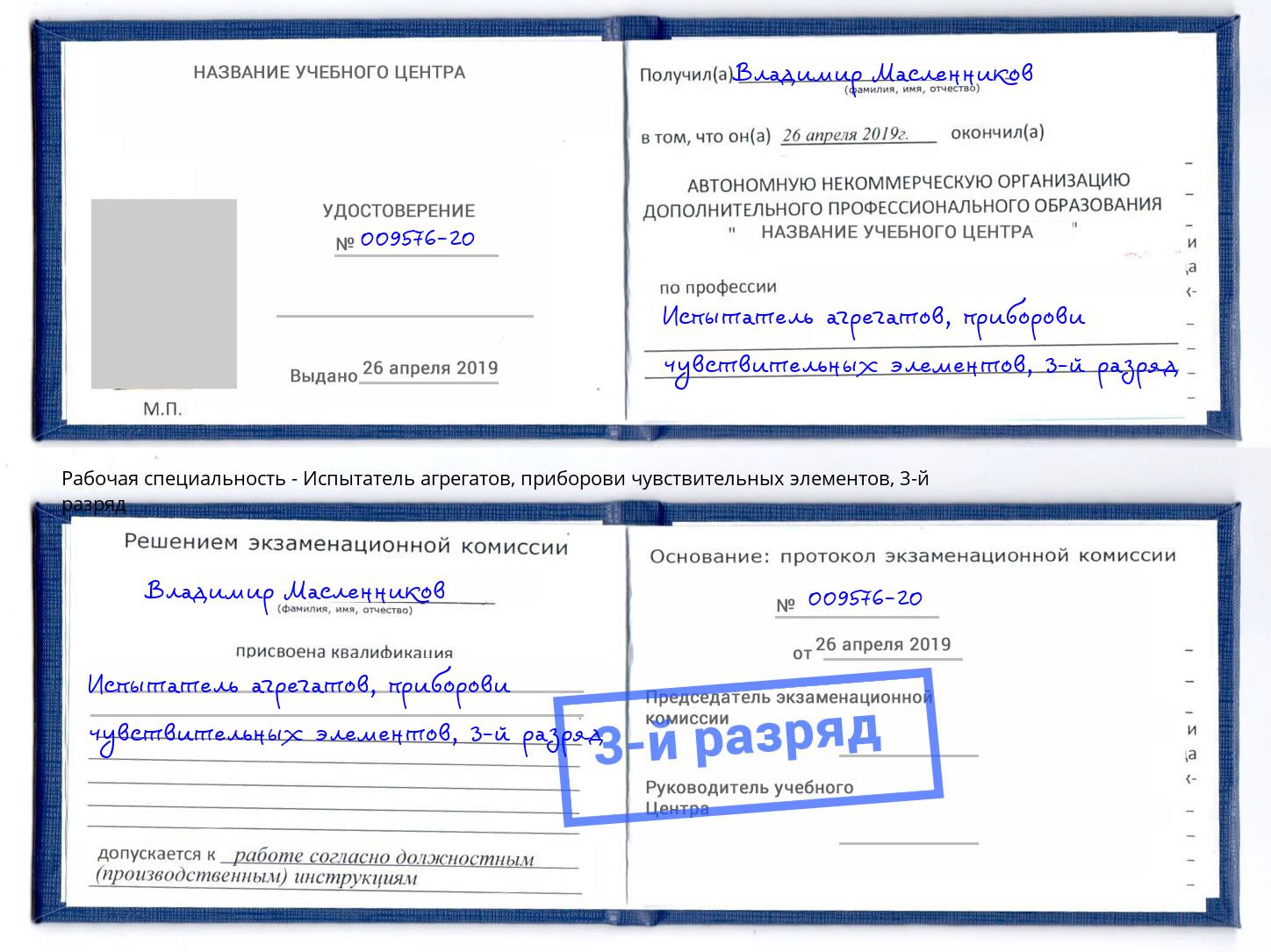 корочка 3-й разряд Испытатель агрегатов, приборови чувствительных элементов Вязьма