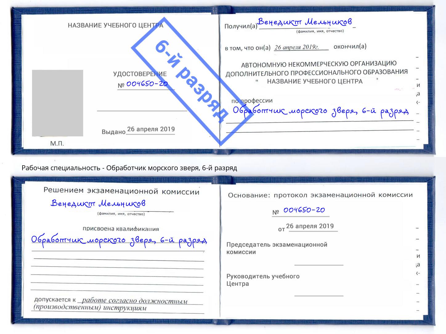 корочка 6-й разряд Обработчик морского зверя Вязьма