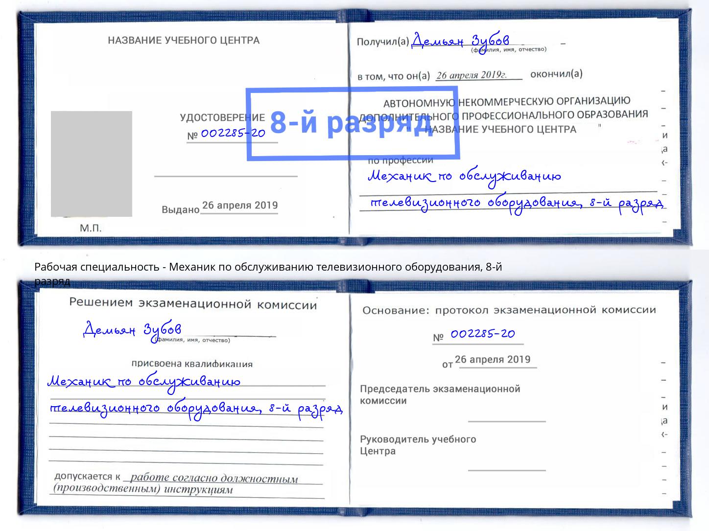 корочка 8-й разряд Механик по обслуживанию телевизионного оборудования Вязьма