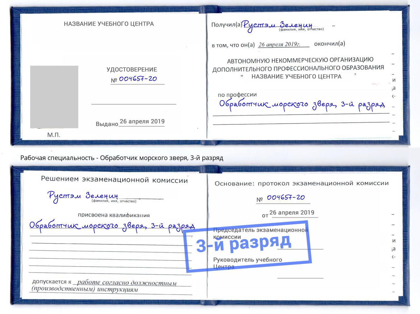 корочка 3-й разряд Обработчик морского зверя Вязьма