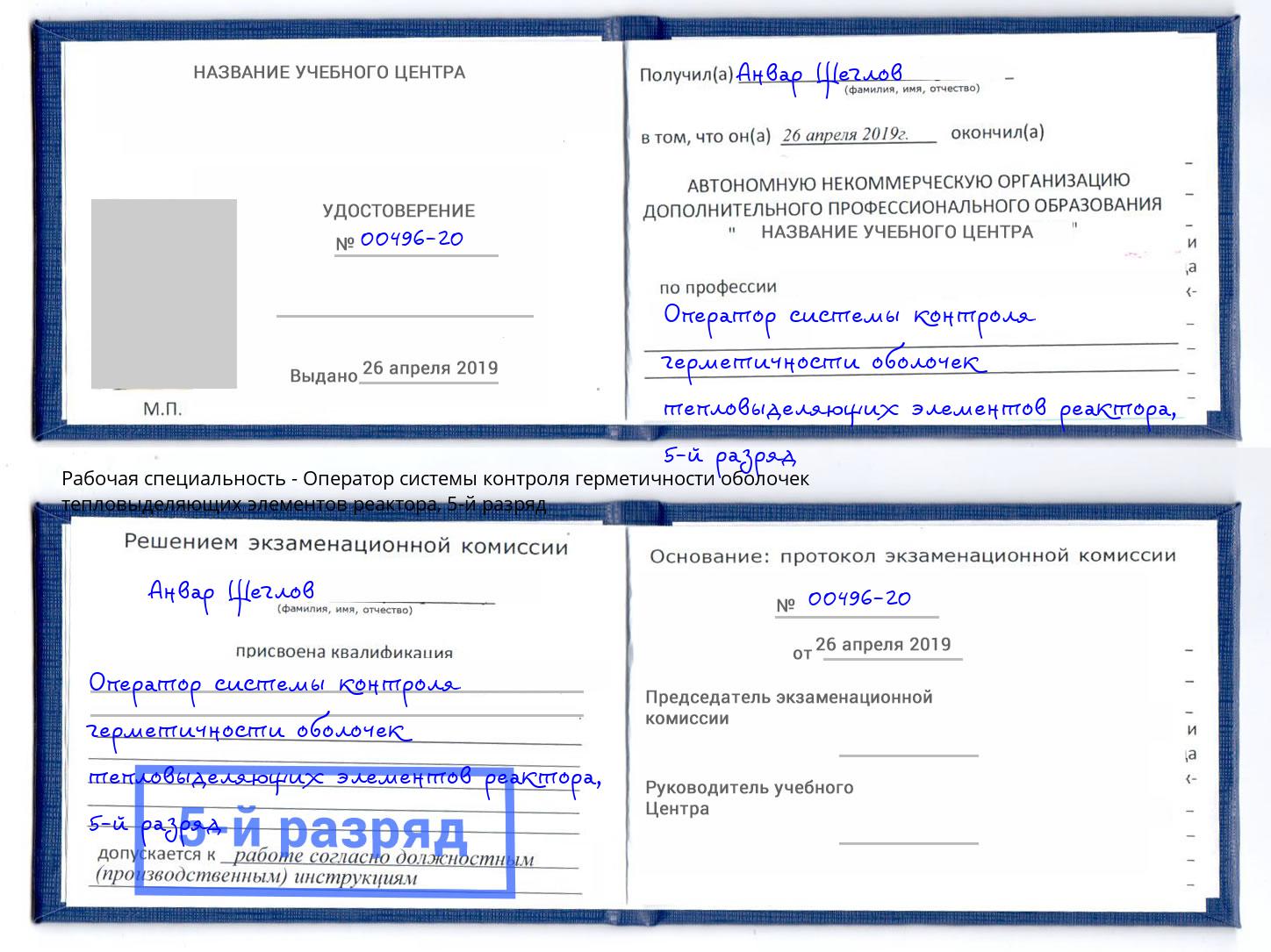 корочка 5-й разряд Оператор системы контроля герметичности оболочек тепловыделяющих элементов реактора Вязьма