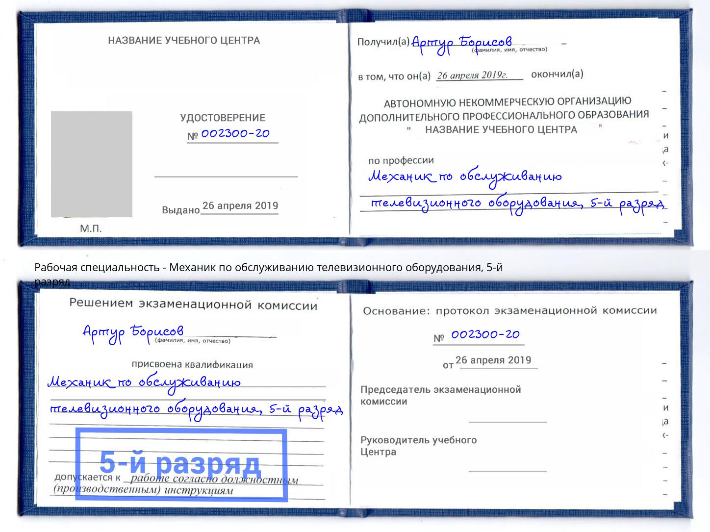 корочка 5-й разряд Механик по обслуживанию телевизионного оборудования Вязьма