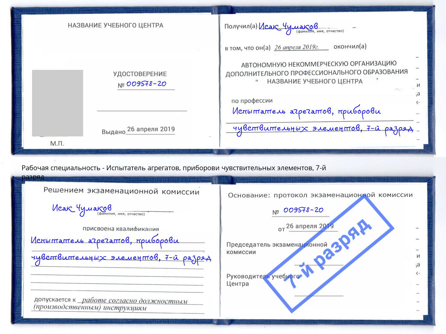 корочка 7-й разряд Испытатель агрегатов, приборови чувствительных элементов Вязьма