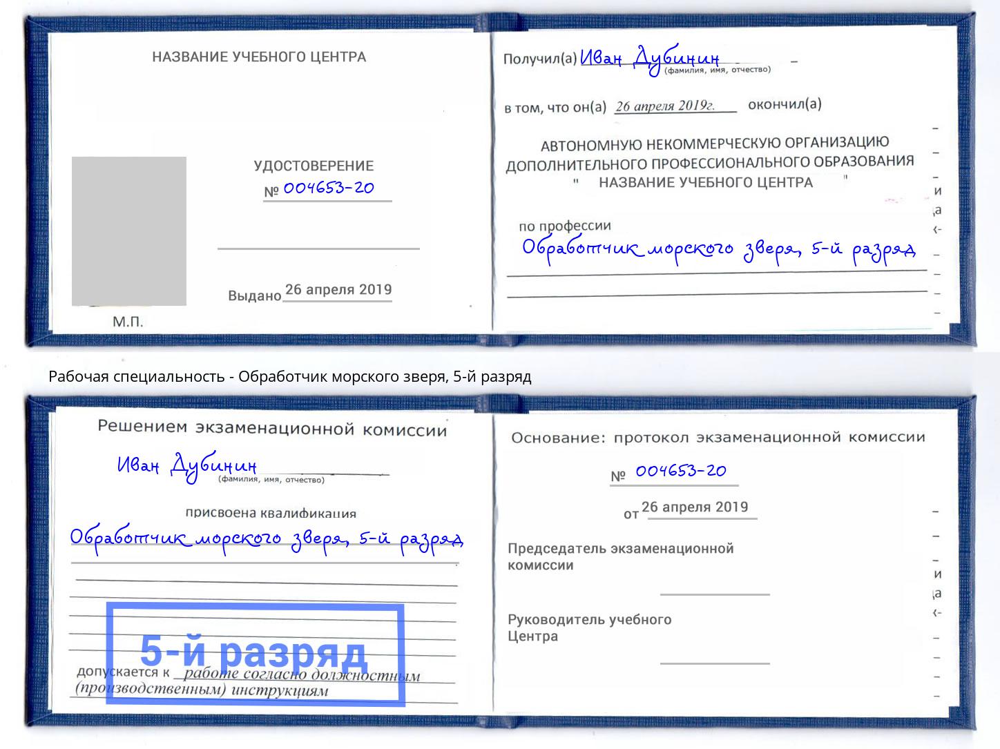 корочка 5-й разряд Обработчик морского зверя Вязьма